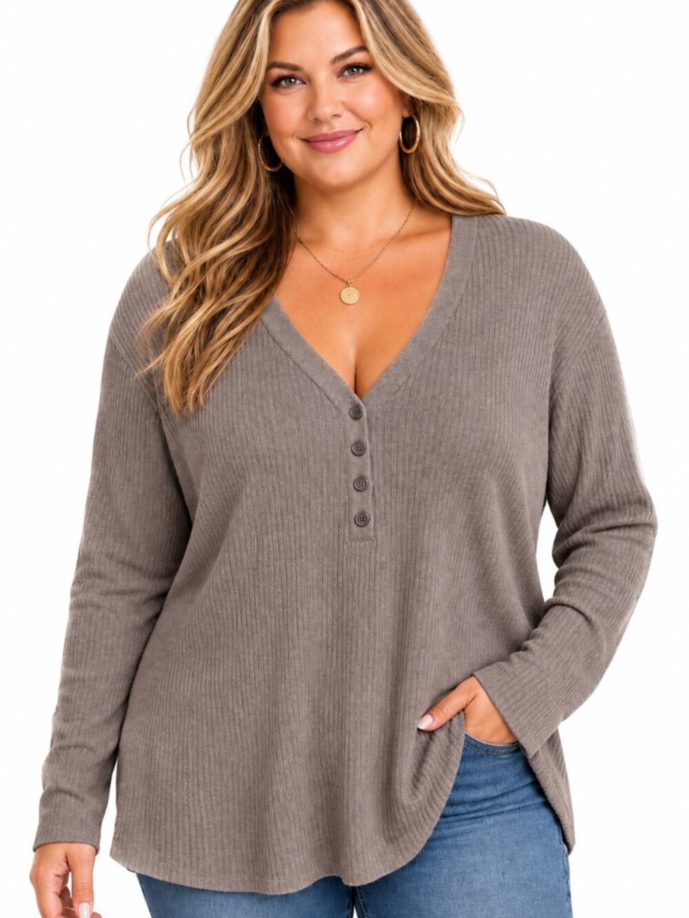 BAREFOOT DREAMS CozyChic Ultra Lite Lg Slve Henley Light Brown Ribbed Sweater 3X